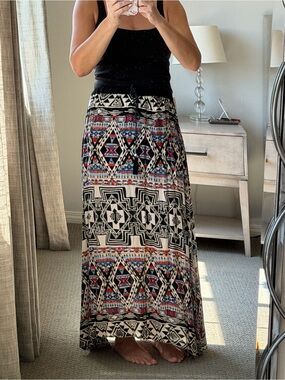 Angie Black and Cream Tribal Maxi Skirt with Red and Blue Accents